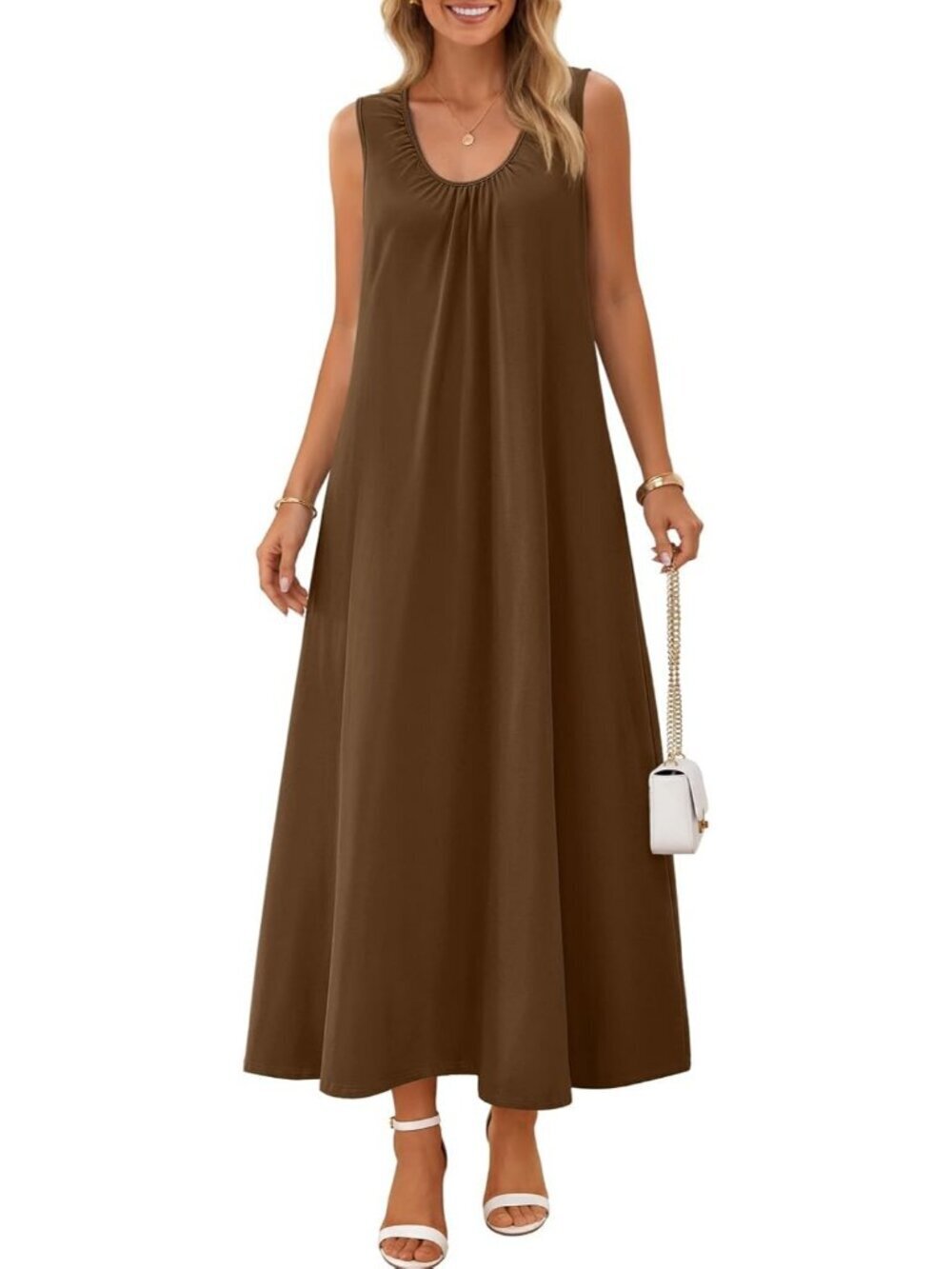 Women's Brown Sundresses Ruch Beach Summer Sleeveless Loose Tank Maxi Dress
